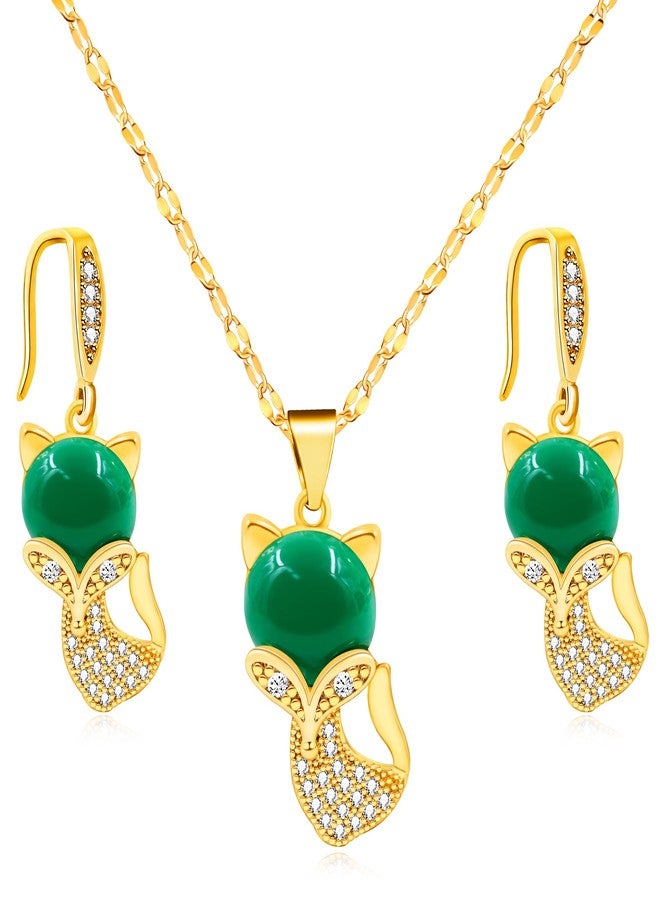 Tobestu Green Jade Fox Necklace and Earrings Set Gold Plated, Cute Fox Pendant Lovely Animal Jewelry Valentines Gifts for Women Y4447 (Simulated Jade) - Image 1